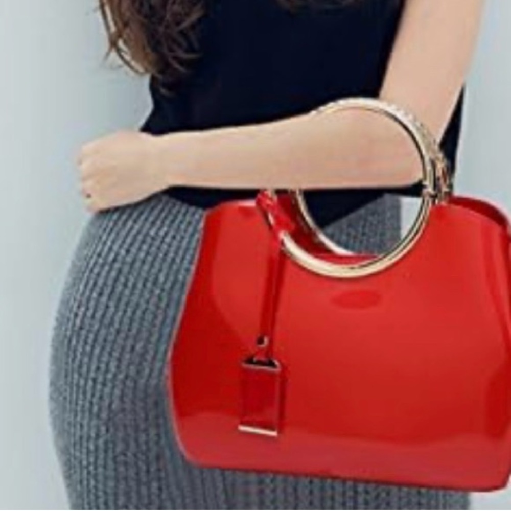 AMVIKS Women's Patent Leather Clutch Handbag in red with gold.